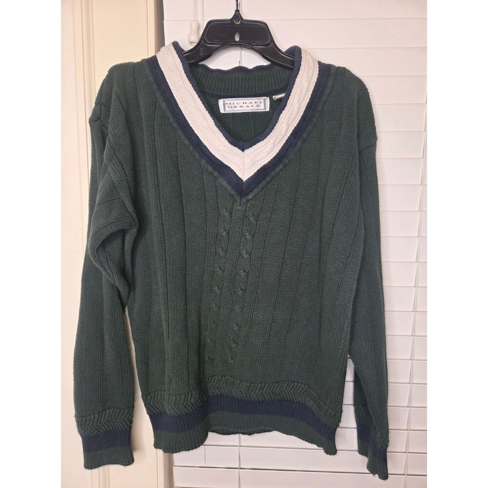 VTG Mens Sweater V-Neck Preppy Tennis Cricket Green Navy White Cable Knit